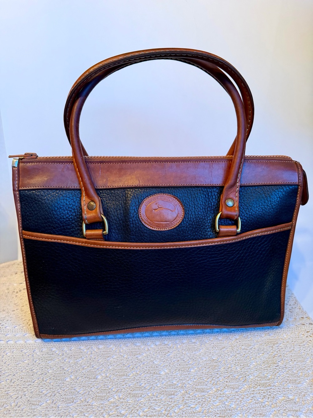 Vintage Dooney & Bourke All Weather Leather Black Tan Satchel Purse